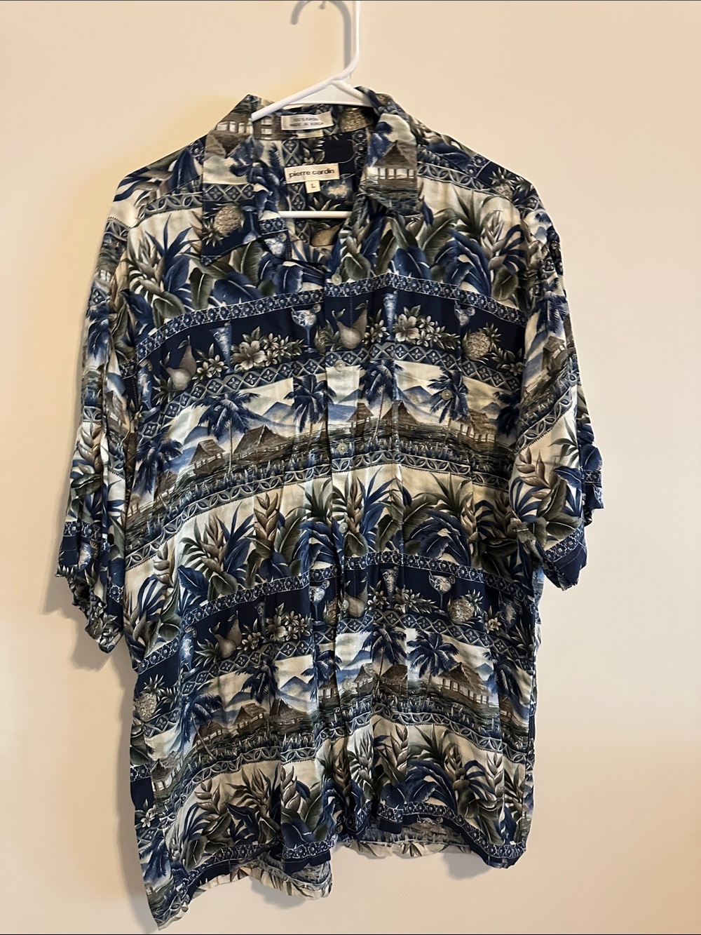 Vintage Pierre Cardin Blue and Cream Tropical Button-Down Shirt